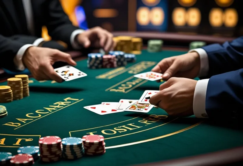 A Baccarat game in progress with cards and chips on a green casino table and players' hands visible