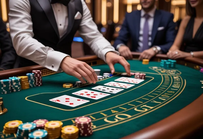 A baccarat table with cards, poker chips, a dealer, and players in a casino setting