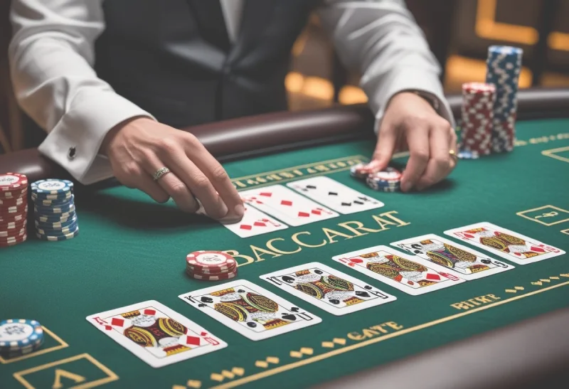 Close-up of a baccarat game table with cards, chips, and a dealer's hands dealing cards