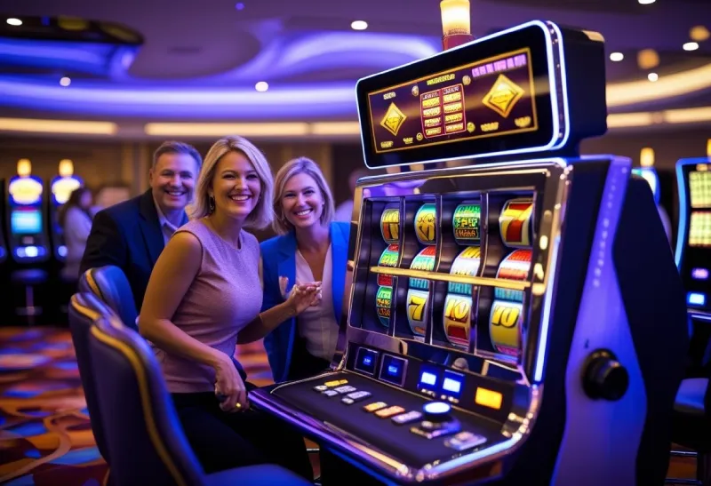 People enjoying a modern slot machine in a lively casino environment with bright lights and a welcoming atmosphere