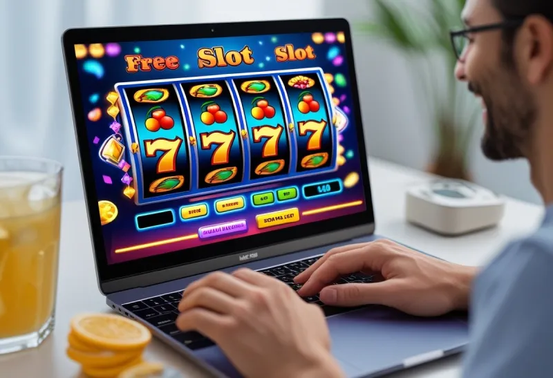 A person playing colorful slot machine games on a laptop screen in a clean, bright setting