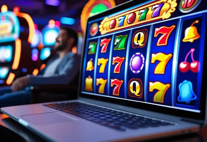 A person enjoying colorful slot machine reels spinning on a computer screen in a bright, modern room
