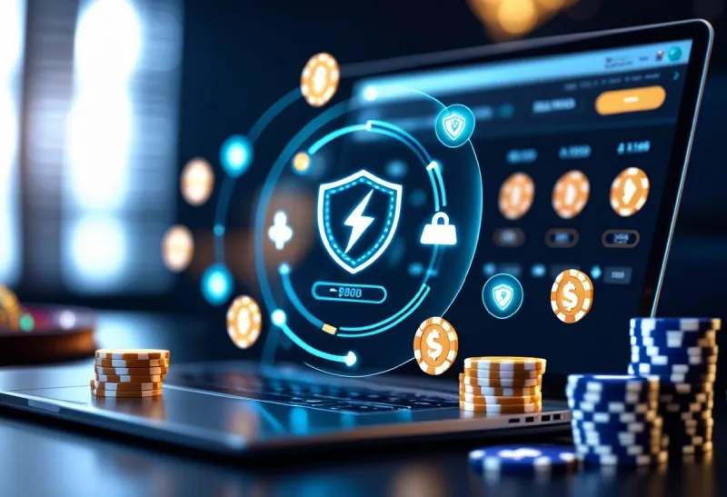 A digital device showing a fast financial transaction with casino elements like poker chips and playing cards in the background